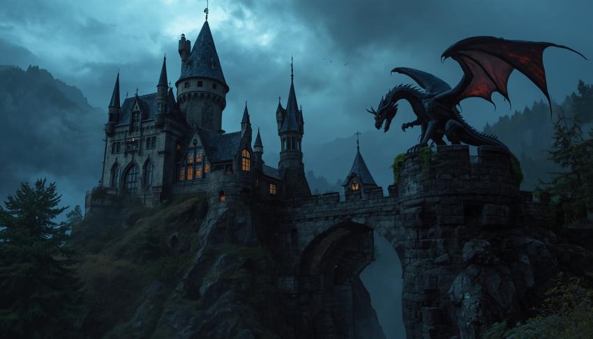 fantasy kasteel met draak